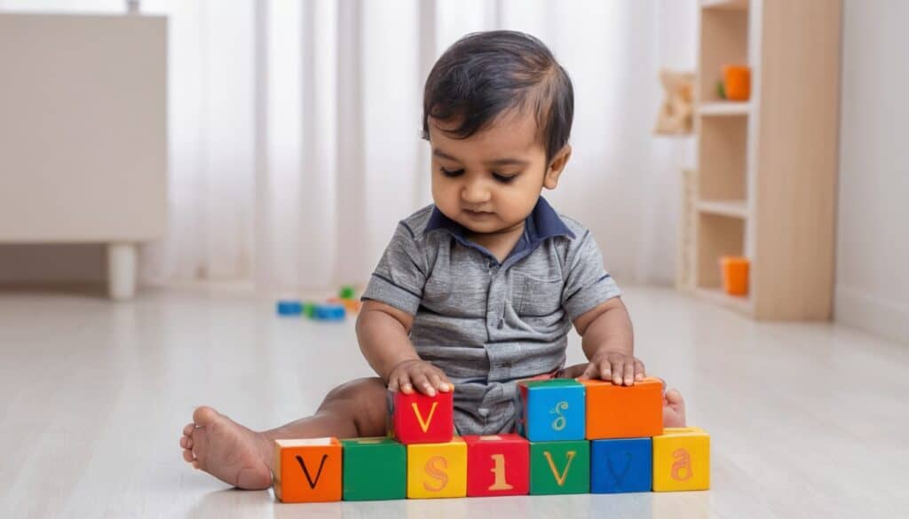भारतीय बच्चा ब्लॉक अक्षर V 1 के साथ खेल रहा है