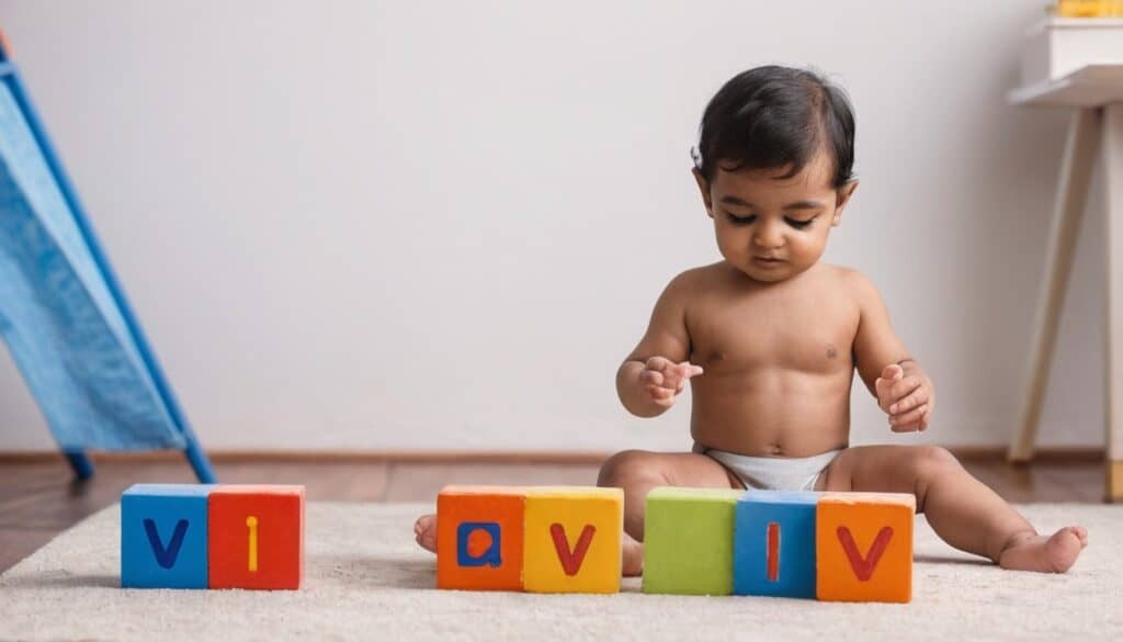 भारतीय बच्चा ब्लॉक अक्षर V के साथ खेल रहा है