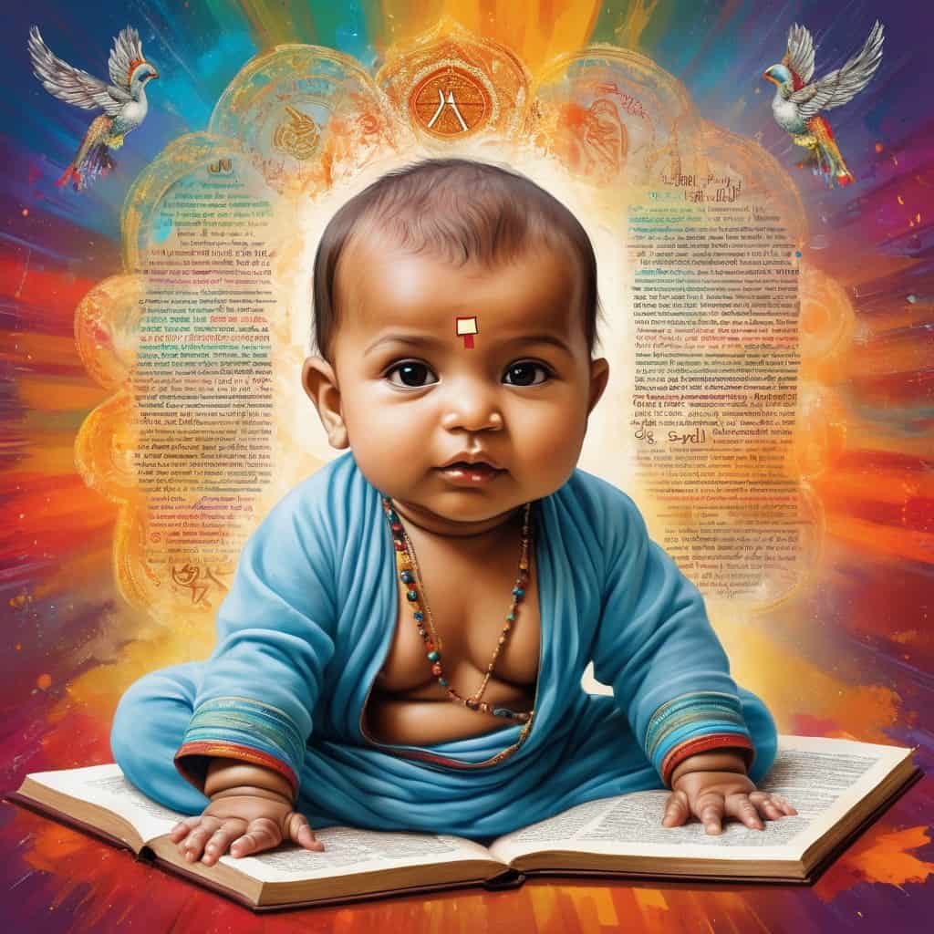 भारतीय शिशु जिसके पीछे धार्मिक पाठ तैर रहा है 1