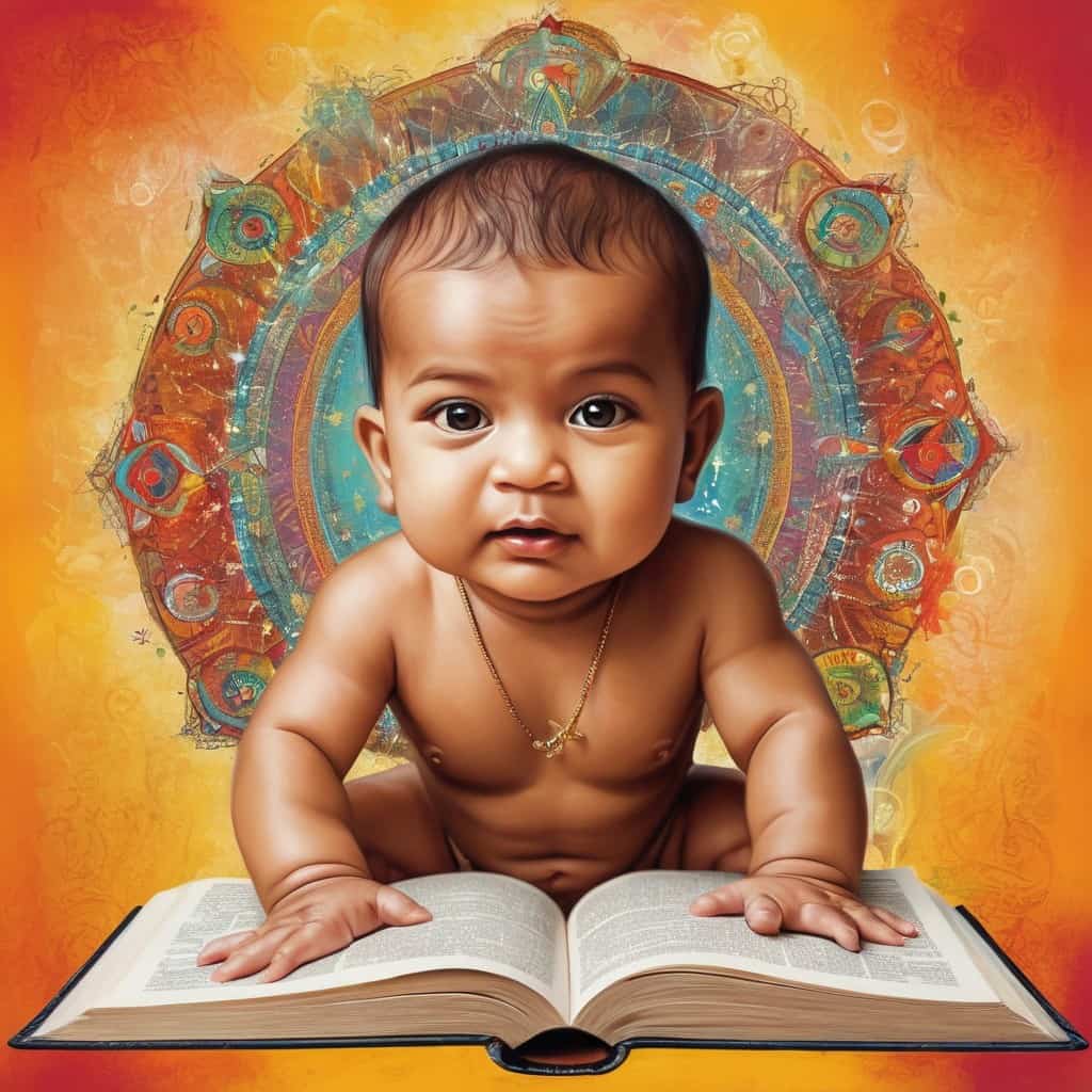 2 च्या मागे धार्मिक मजकुर असलेले भारतीय बाळ